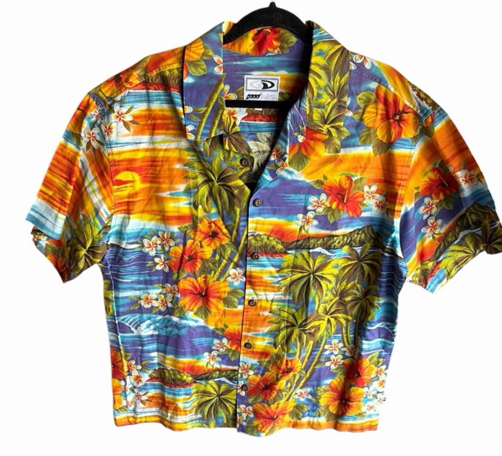 Vintage 90s Good Vibes Hawaiian Aloha Shirt Mens Medium Cotton Floral Palm Trees